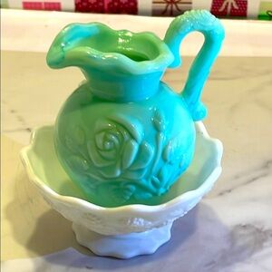 Avon Mint Green and White Glass Art Pitcher with Bowl